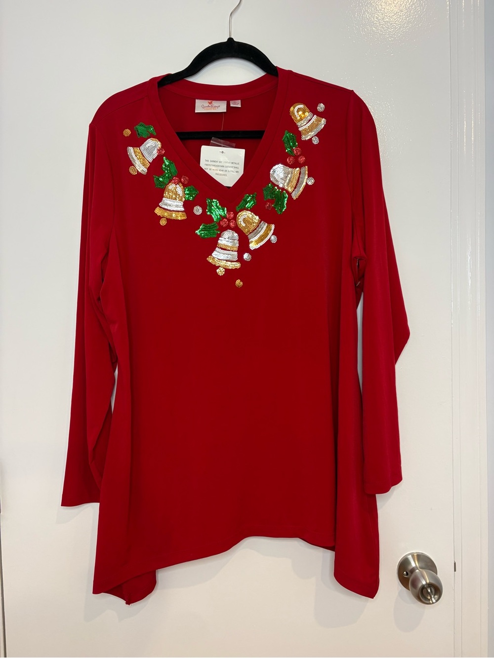 NWT Quacker Factory Red Christmas Bell Sequin V-neck Top Shirt XL